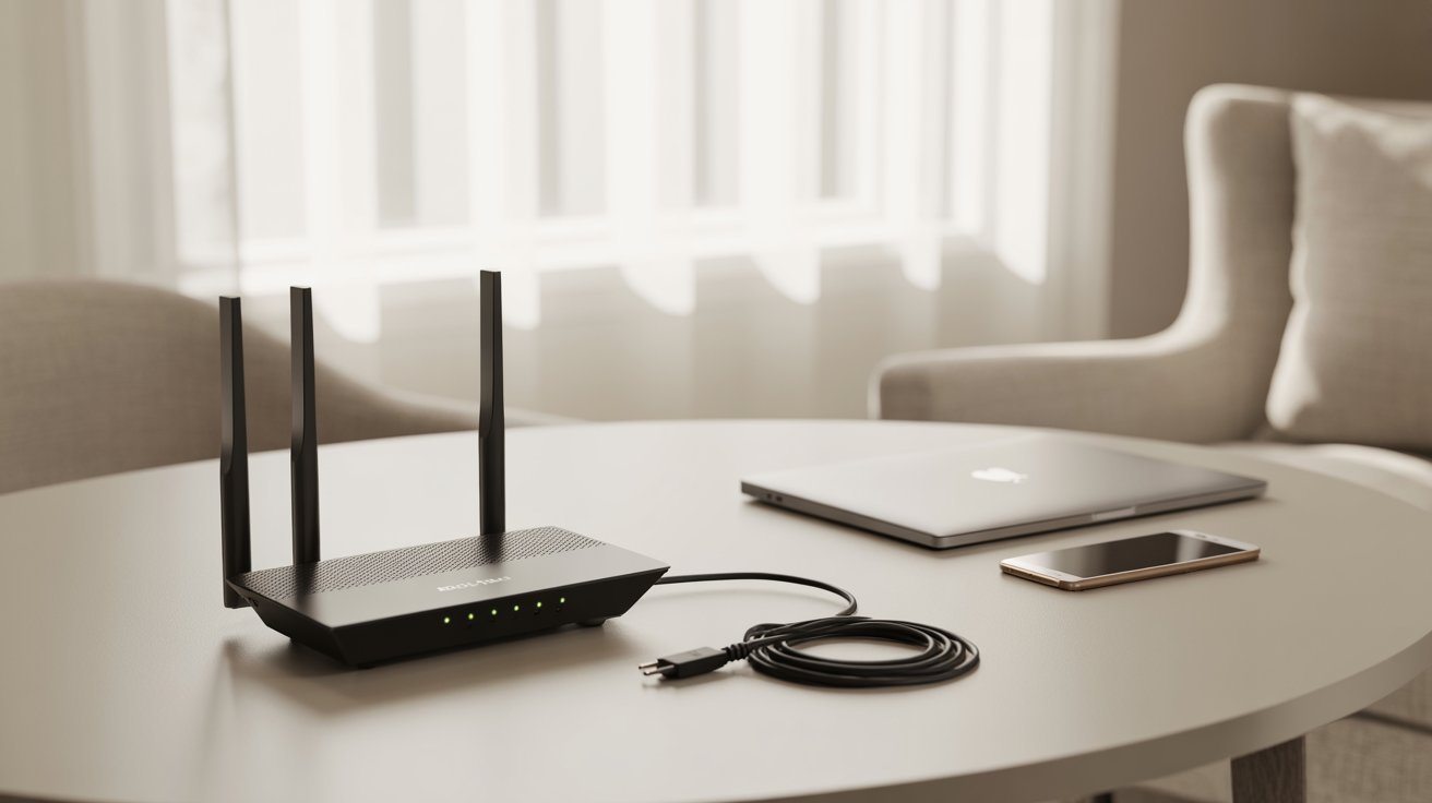A sleek wireless router with three antennas on a round table beside a smartphone, a coiled cable, and a closed laptop; soft daylight filters through curtains.