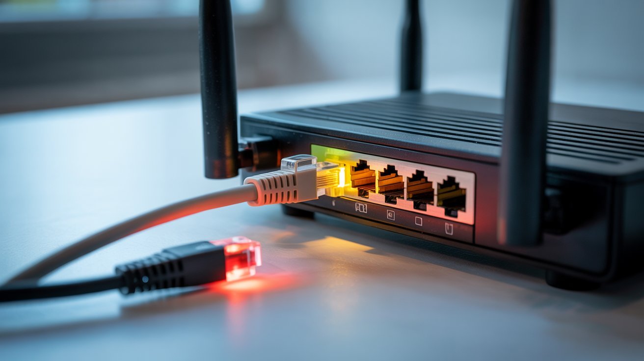 A black router with antennas sits on a table, connected to an ethernet cable. Four ports are visible, one lit with a green cable, another with a glowing red light.