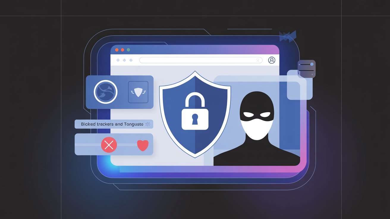 A digital illustration of a browser window with a shield and lock icon, symbolizing online security. A masked figure suggests anonymity.