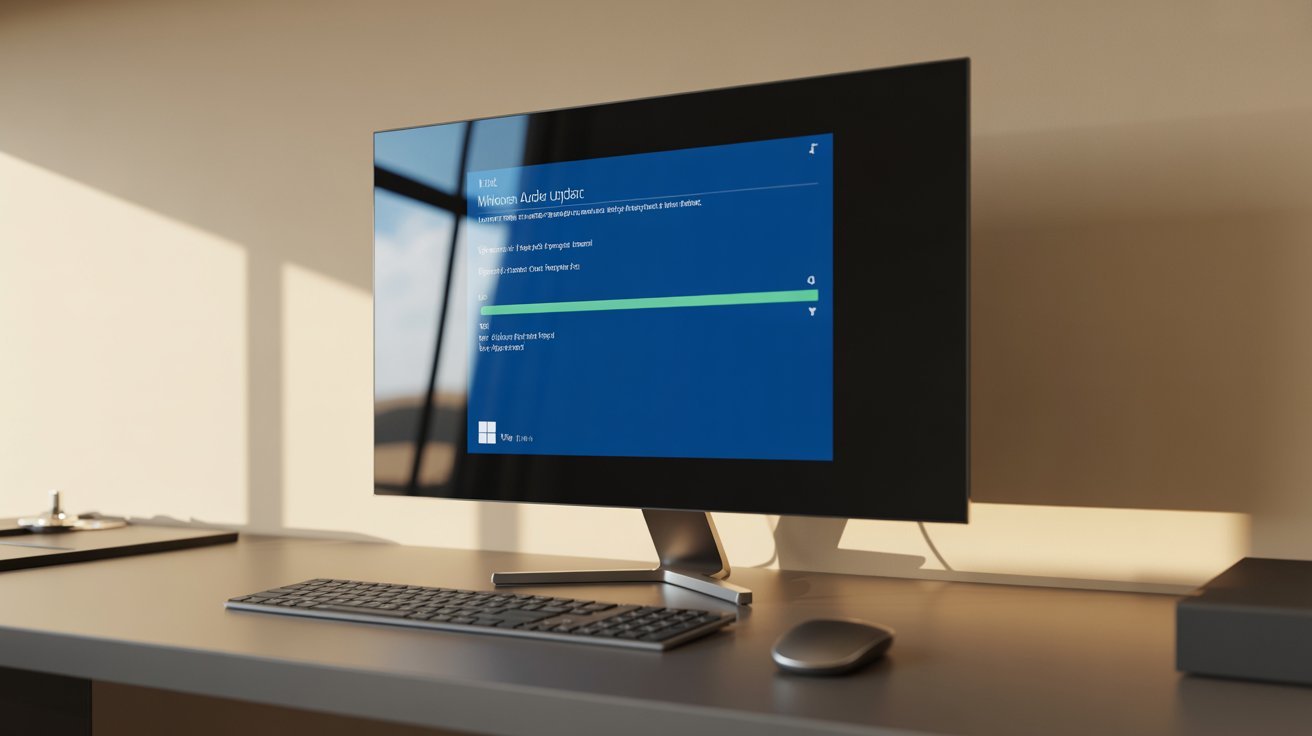 A modern desktop monitor displays a Windows blue screen update message. The setup includes a keyboard and mouse on a tidy desk, with soft daylight creating a calm atmosphere.
