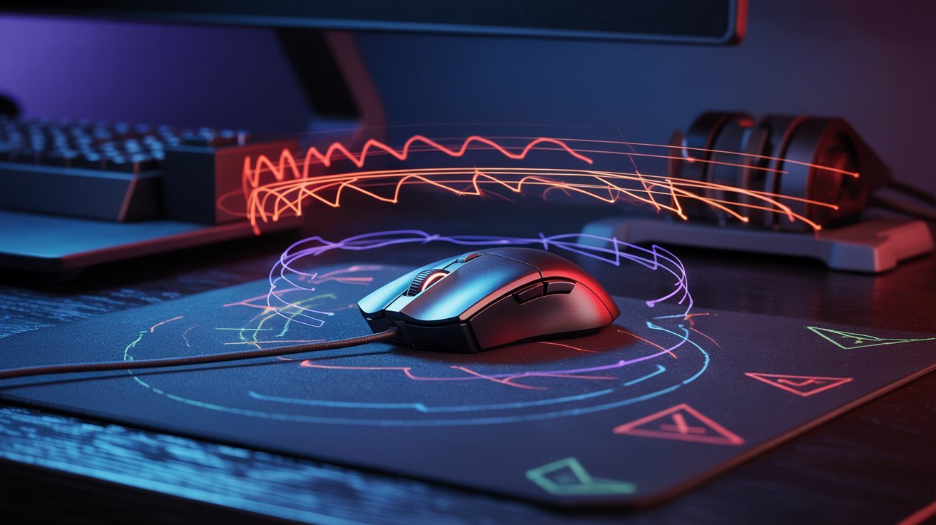 A futuristic gaming setup featuring a sleek, black gaming mouse on a glowing mousepad. Dynamic, colorful lines hover above, suggesting speed and precision.