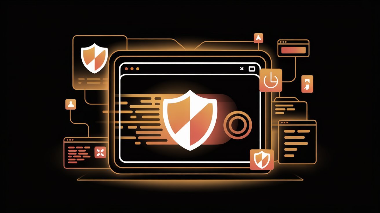 A glowing computer screen displays a shield symbol, symbolizing cybersecurity. Surrounding icons suggest protection, files, and connectivity on a dark background.