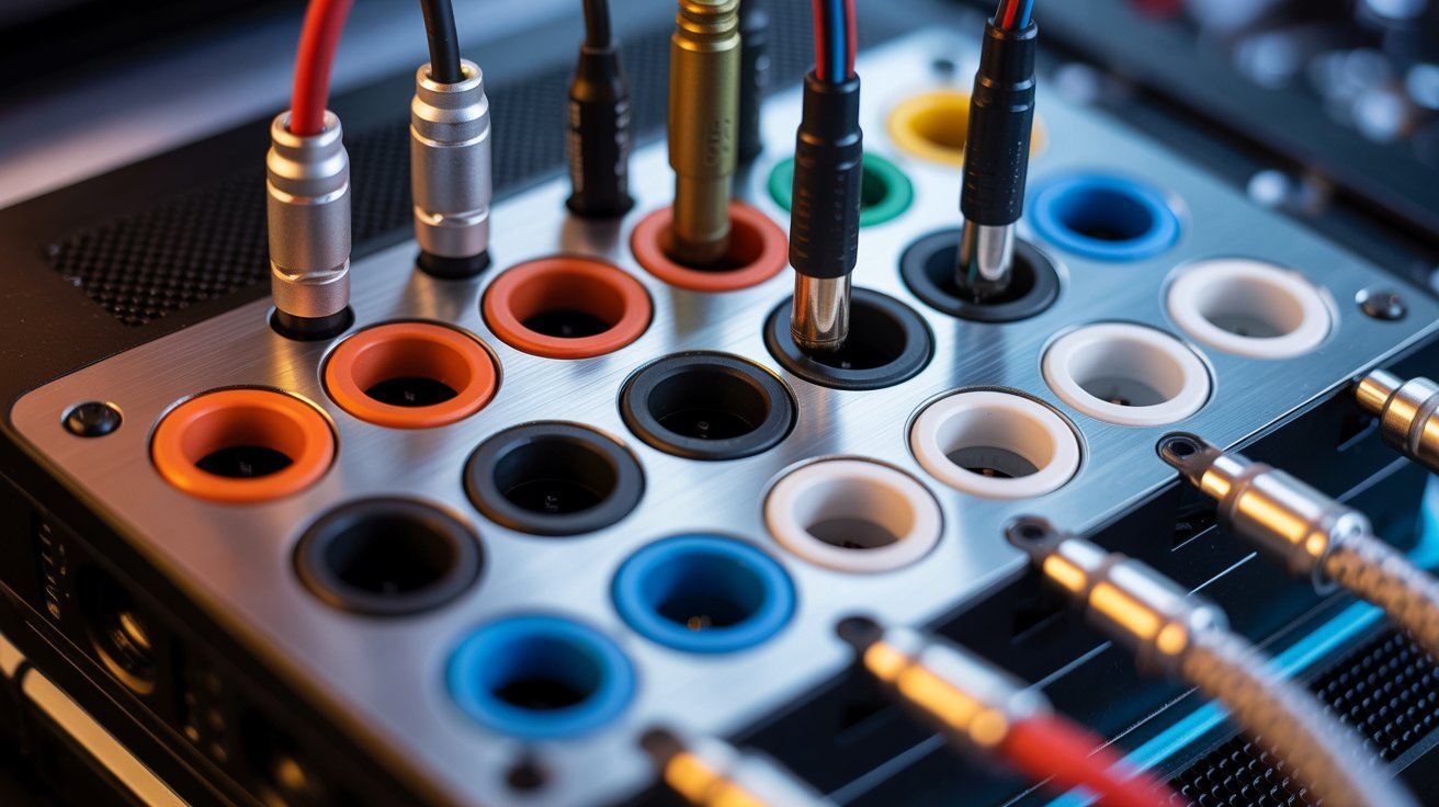 Close-up of a colorful audio interface with various cables plugged into sockets. Vibrant, organized connectors convey a high-tech, professional setup.
