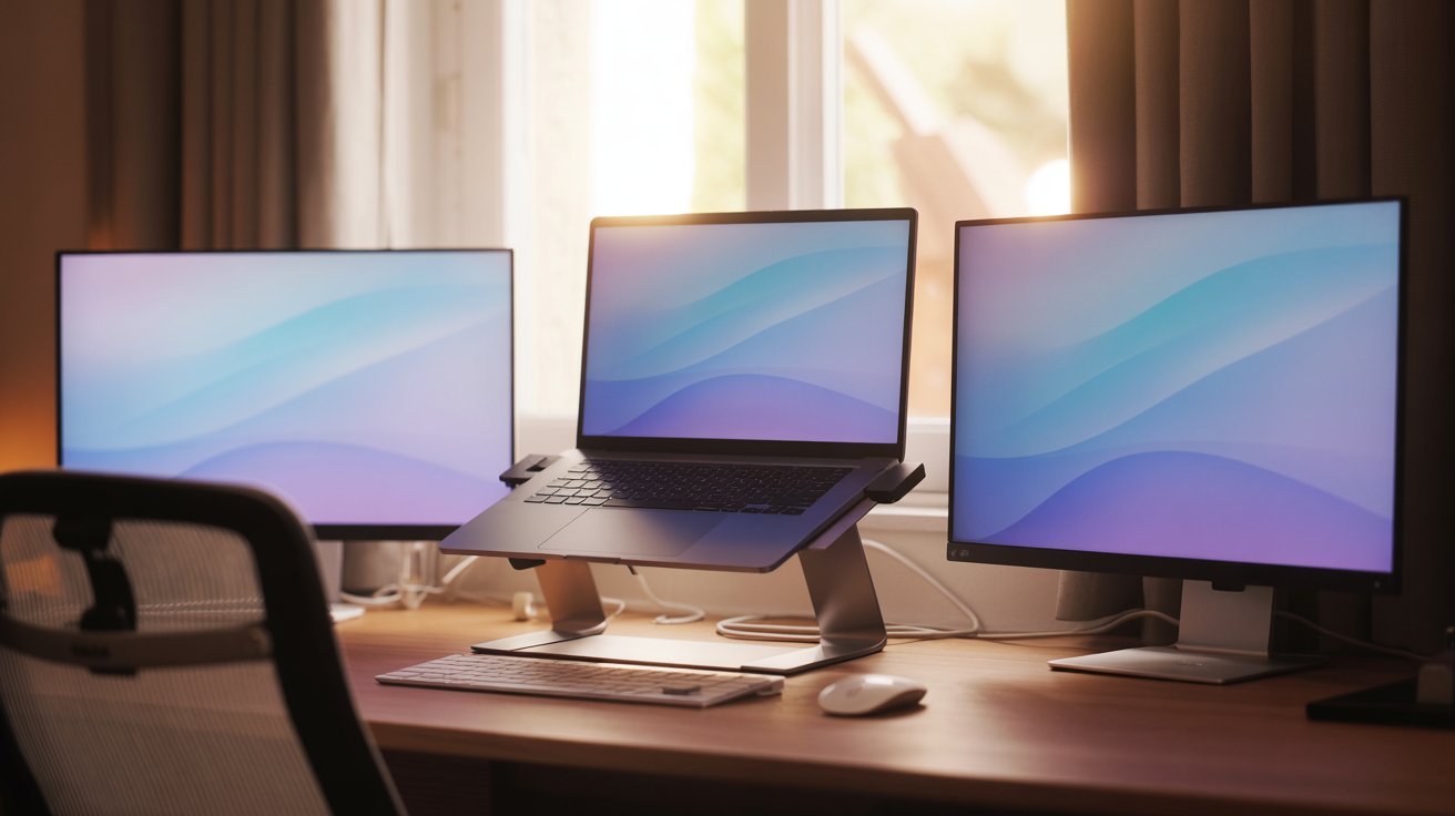 A modern workspace featuring a laptop on a stand flanked by two large monitors displaying pastel wave patterns. The setting is bright with natural light.