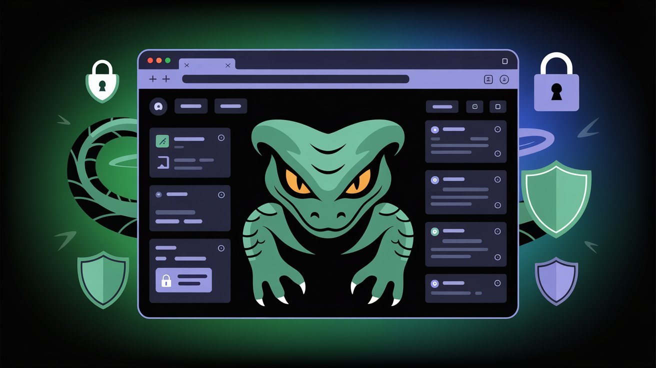 A stylized green snake with piercing eyes emerges from a web browser window, conveying a sense of threat. Surrounding icons include padlocks and shields, symbolizing cybersecurity.