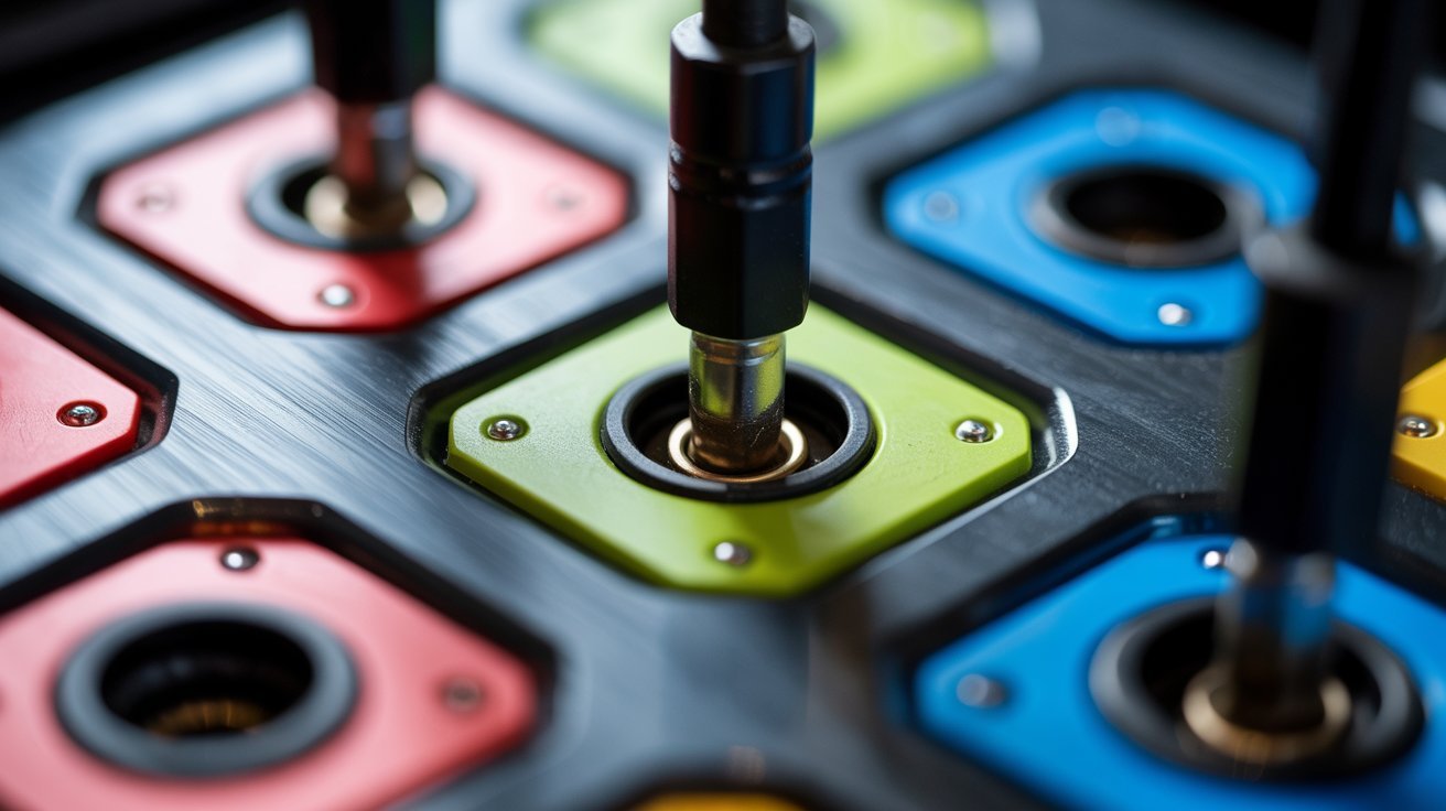 Close-up of colorful hexagonal sockets with a plug inserted, featuring vibrant red, green, blue colors on a sleek black surface. High-tech and precise.