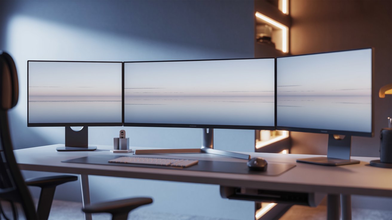 Triple monitors display a serene ocean horizon on a modern desk with keyboard and mouse, in a minimalistic and calm office space.