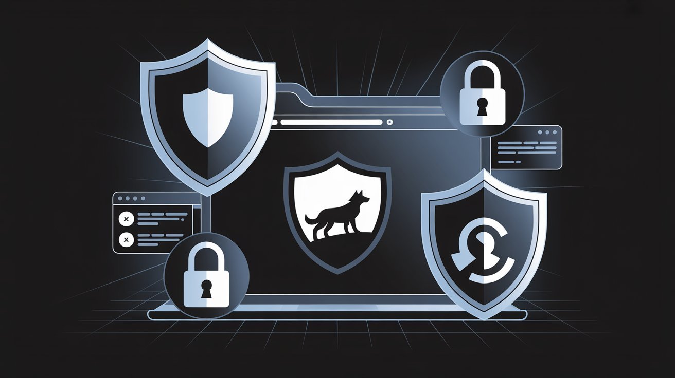 Digital illustration depicting a laptop with a central wolf shield icon, surrounded by padlock and shield symbols, conveying cyber security themes.