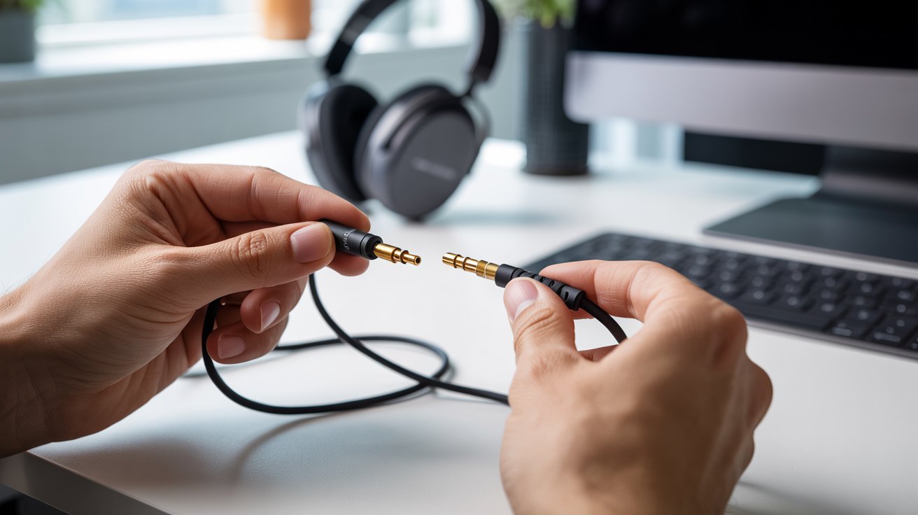 Hands holding two audio cables, preparing to connect them. In the background, headphones rest on a desk near a computer monitor, creating a focused tech atmosphere.
