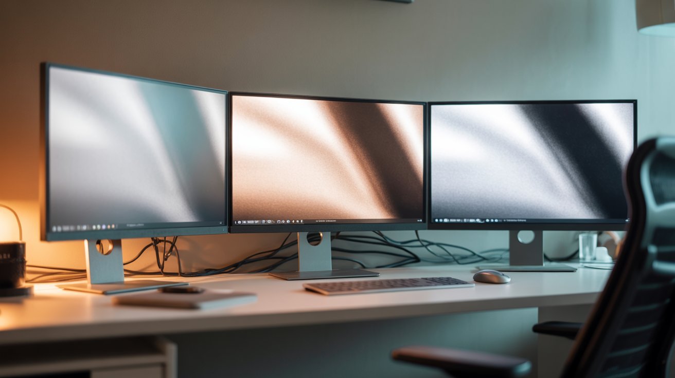 A sleek workspace featuring three side-by-side monitors with abstract wallpapers, a keyboard, mouse, and a soft-lit lamp, evoking a modern, tech-savvy vibe.