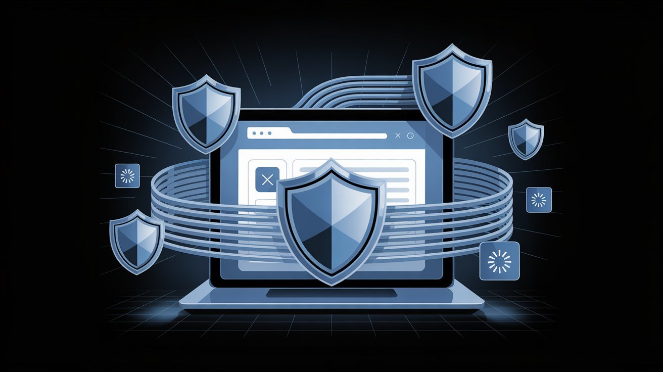 A laptop screen displaying a web browser is surrounded by multiple blue shields, symbolizing cybersecurity. The dark background enhances a protective tone.