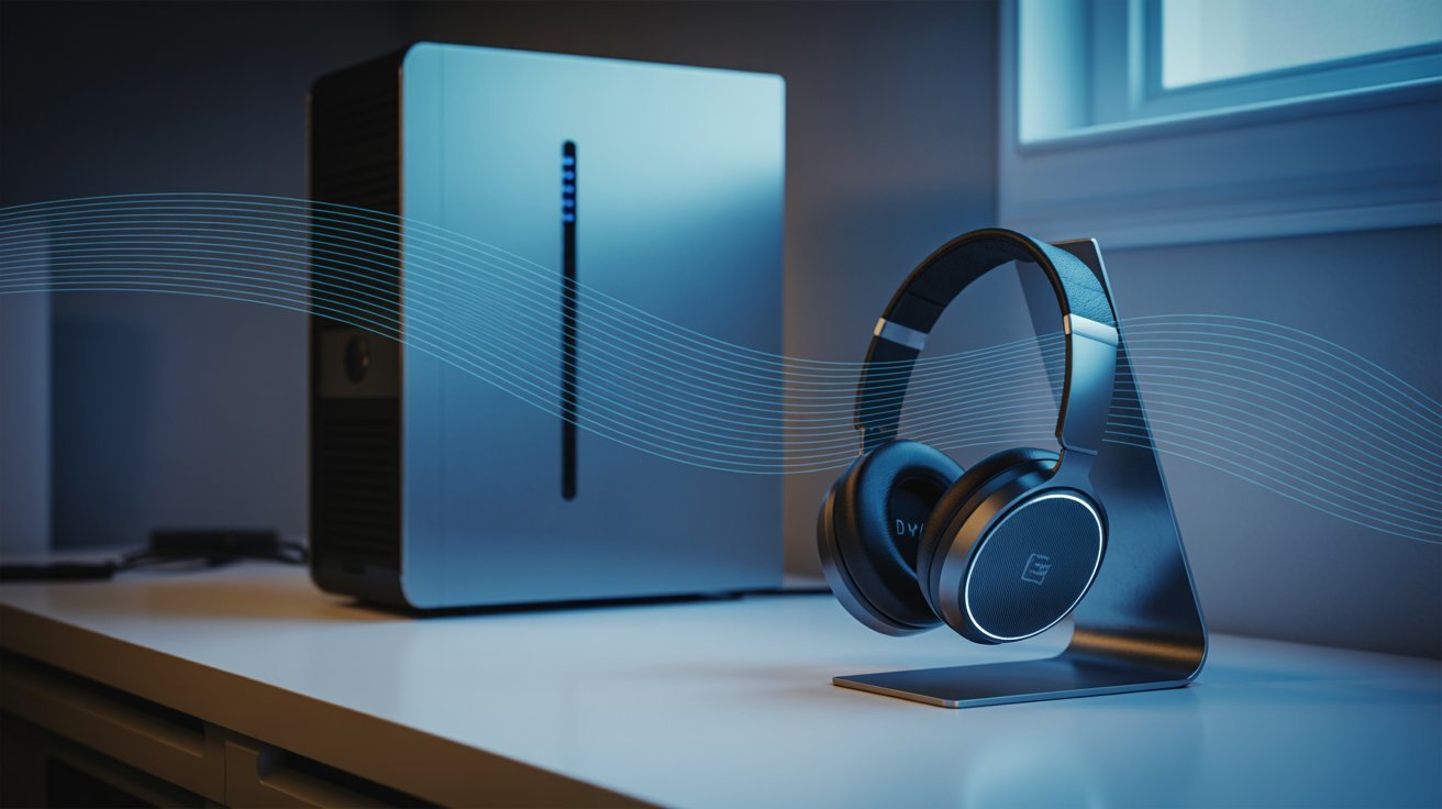 Sleek modern desk setup with stylish black headphones on a metal stand and a minimalist desktop computer, evoking a tech-savvy and serene vibe.