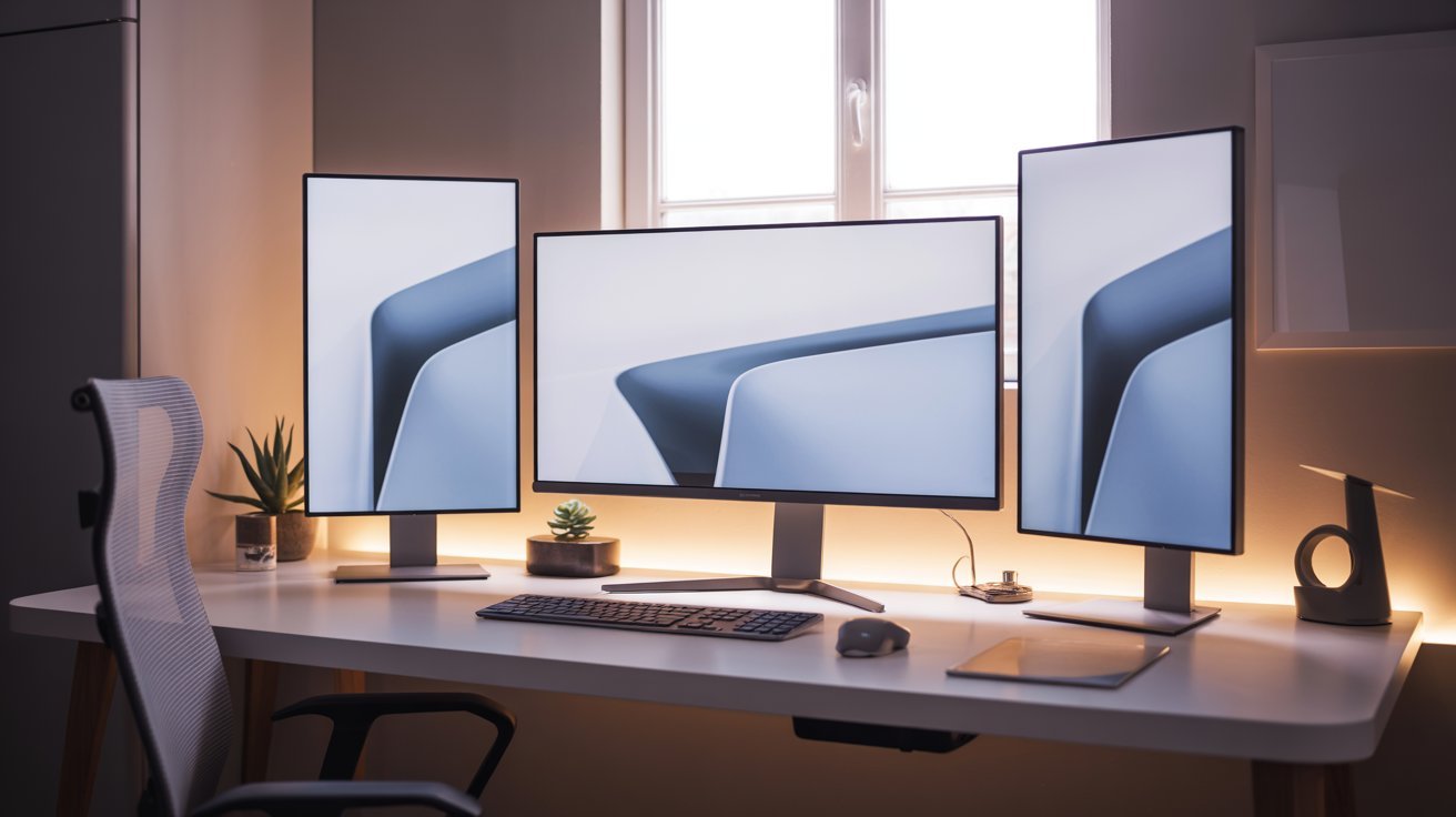 A modern desk setup with three vertical monitors displaying abstract images. The desk features a keyboard, mouse, and small plants, under soft lighting.