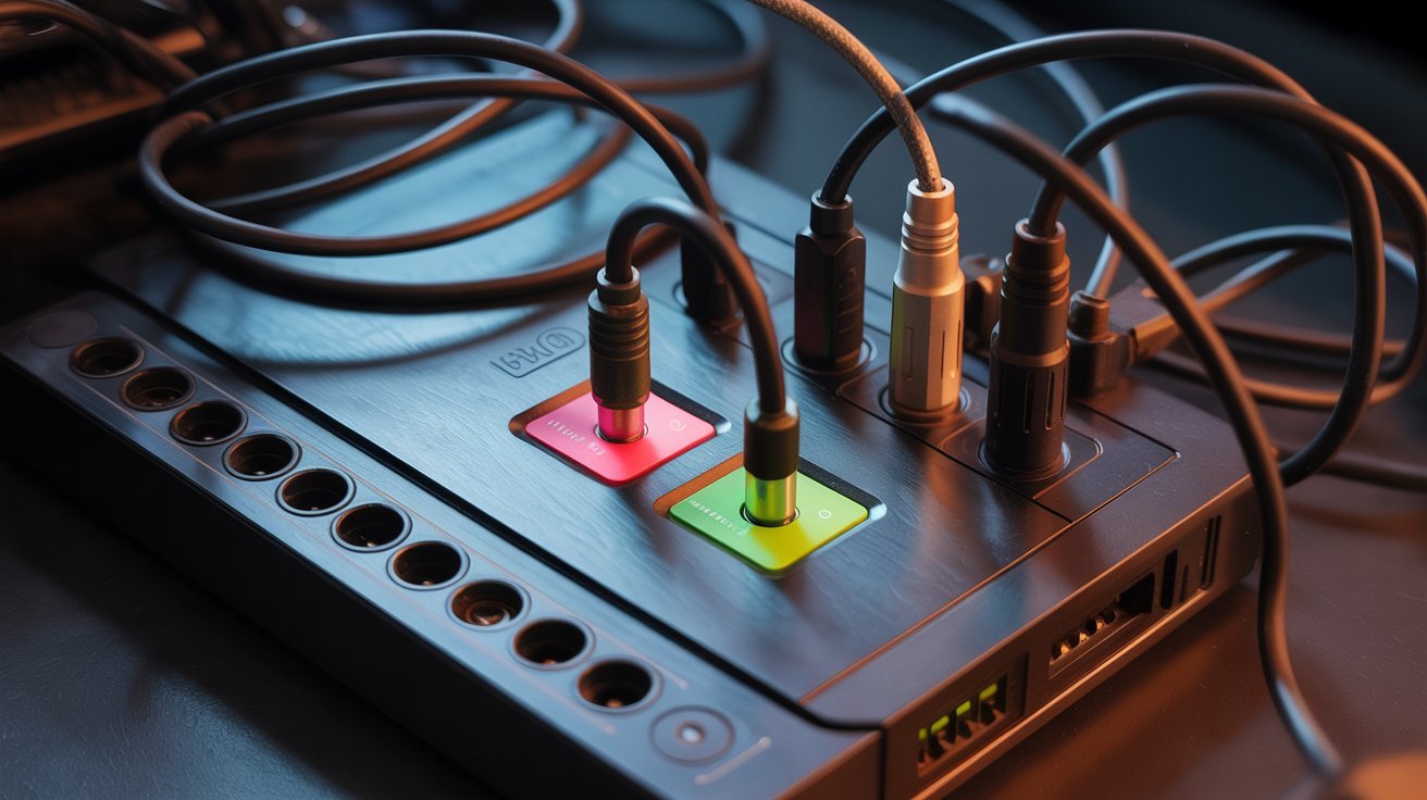 A sleek audio interface with multiple cables connected, featuring colorful illuminated buttons. The setting is dimly lit, creating a professional atmosphere.