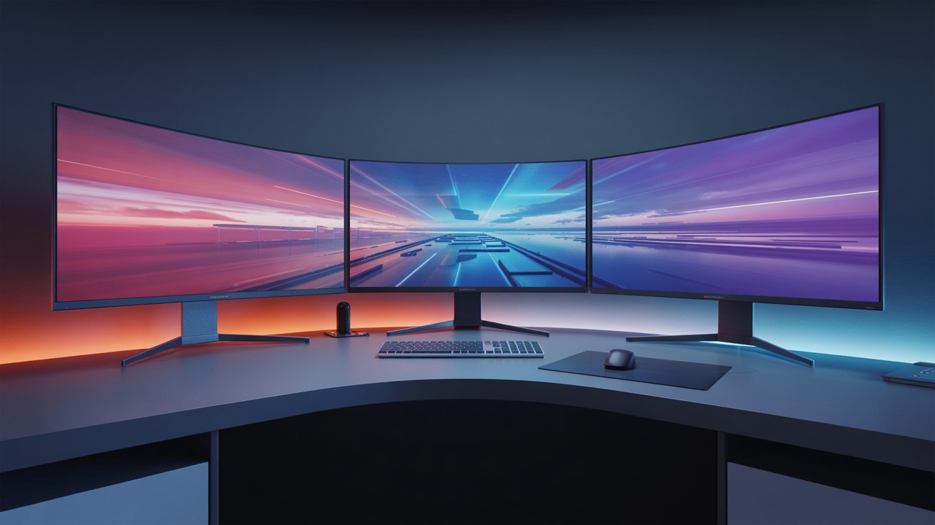 A curved desk setup features three widescreen monitors displaying a futuristic digital landscape. The ambient lighting casts a cool glow, creating a sleek, tech-savvy atmosphere.