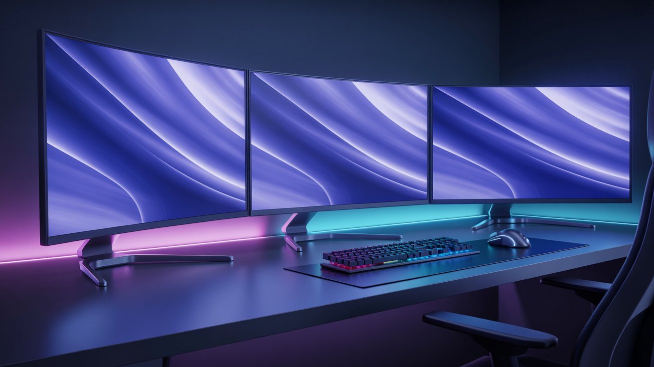 A sleek gaming setup features three curved monitors displaying abstract purple waves. Beneath them, a keyboard and mouse sit on a minimalist desk, illuminated by colorful LED lights, creating a futuristic ambiance.