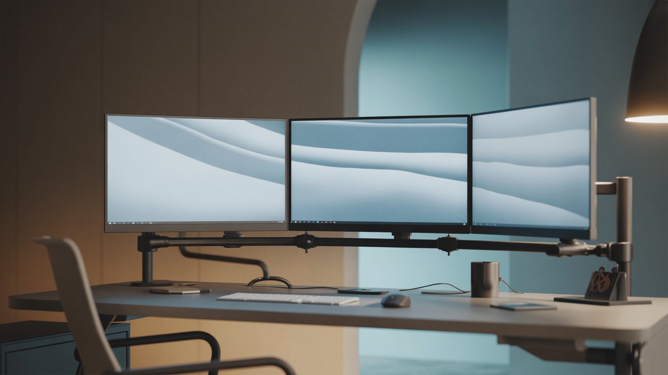 A modern workspace with three curved monitors displaying a minimalist blue desktop. A sleek desk holds a keyboard, mouse, and a small black speaker. Calm ambiance.