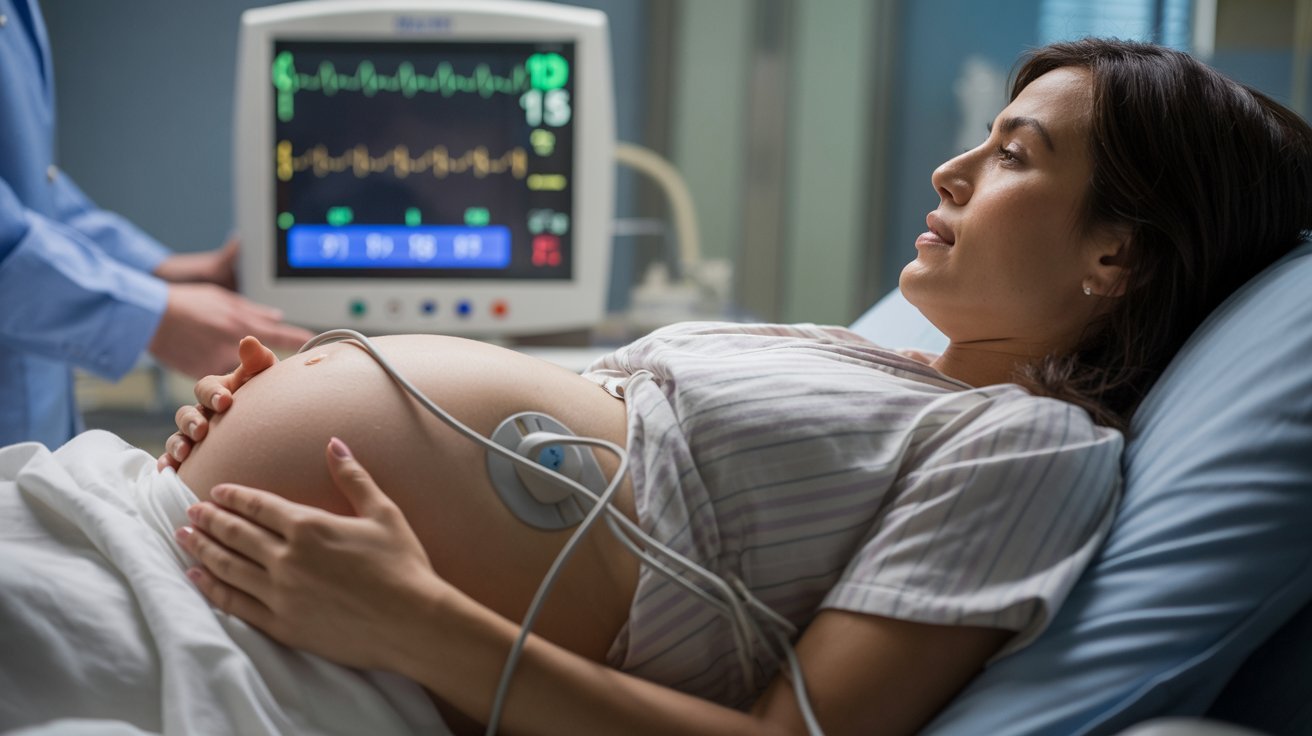 Pregnant woman lying in a hospital bed with fetal monitor attached, displaying vital signs on a screen. She appears calm and focused.