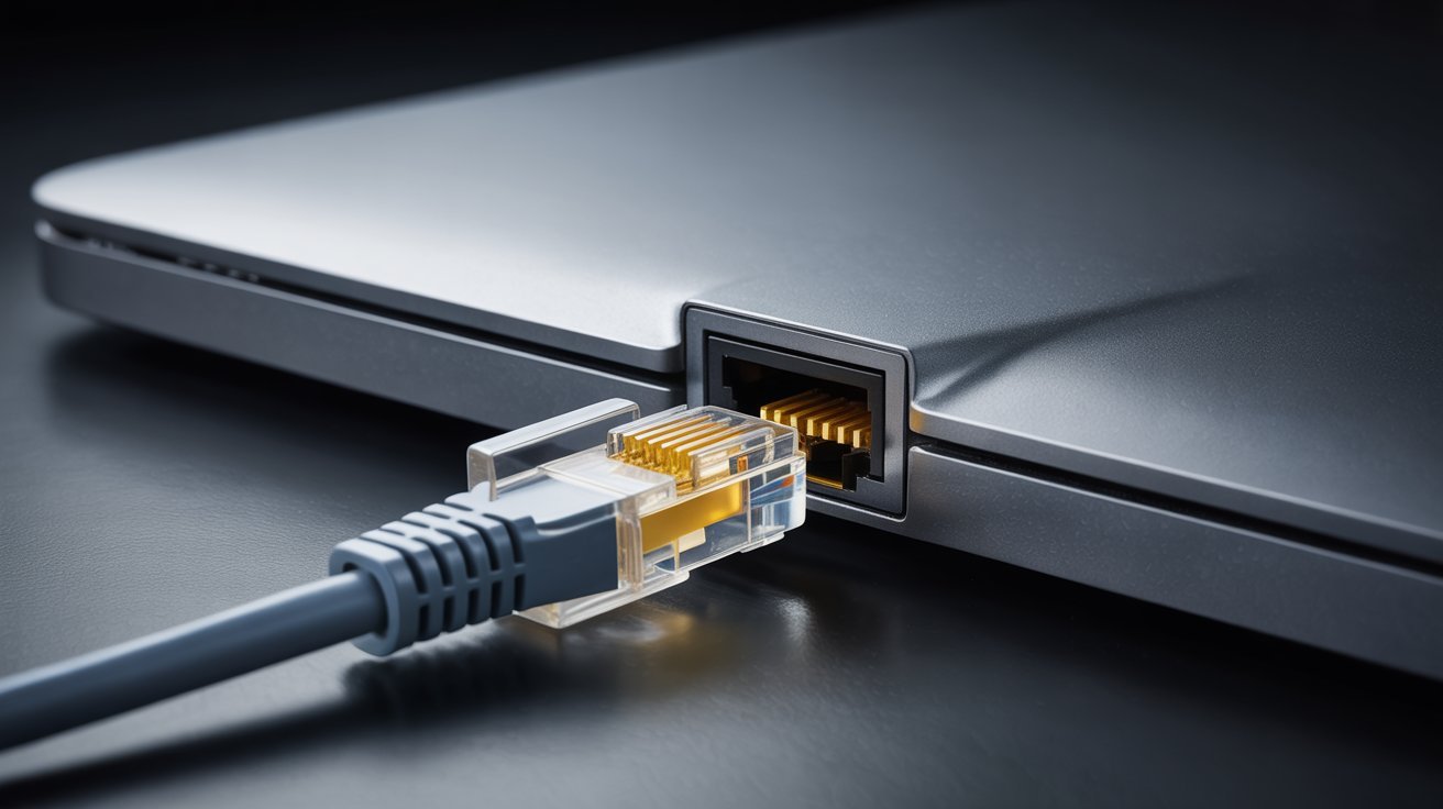 Close-up of an Ethernet cable connected to a laptop's port on a sleek gray surface, symbolizing connectivity and technology with a focused, modern tone.