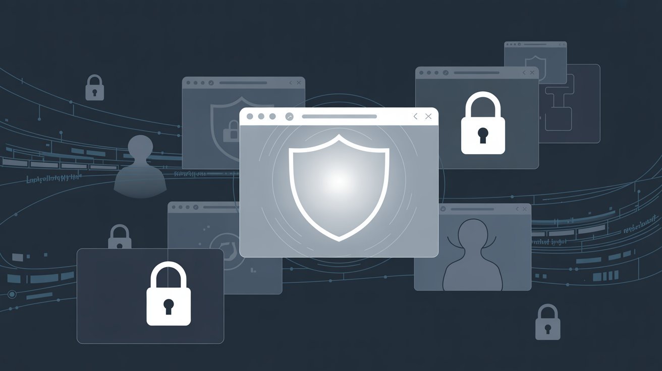 A digital illustration featuring overlaying browser windows with security icons like shields and padlocks, suggesting cybersecurity and data protection.