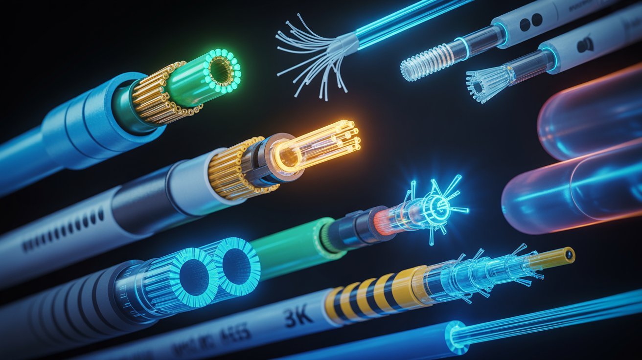 A variety of colorful, glowing fiber optic cables are displayed against a dark background, showcasing their intricate structures and neon lights, conveying a high-tech and futuristic feel.