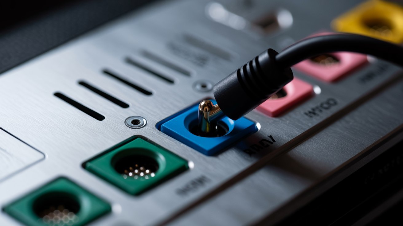 Close-up of an AV receiver's rear panel, showing a black cable plugged into a blue connector. Other colored ports, like green and pink, are visible.