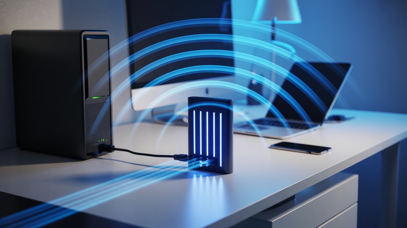 A computer desk with a desktop PC, a glowing device emitting blue waves representing data flow, a smartphone, and a laptop, conveying high-tech connectivity.