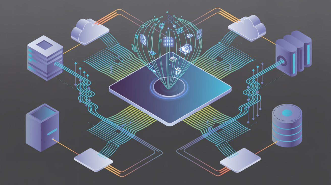 Abstract illustration of a digital network. Central processor connects to diverse servers and clouds, symbolizing data exchange. Futuristic and tech-focused.
