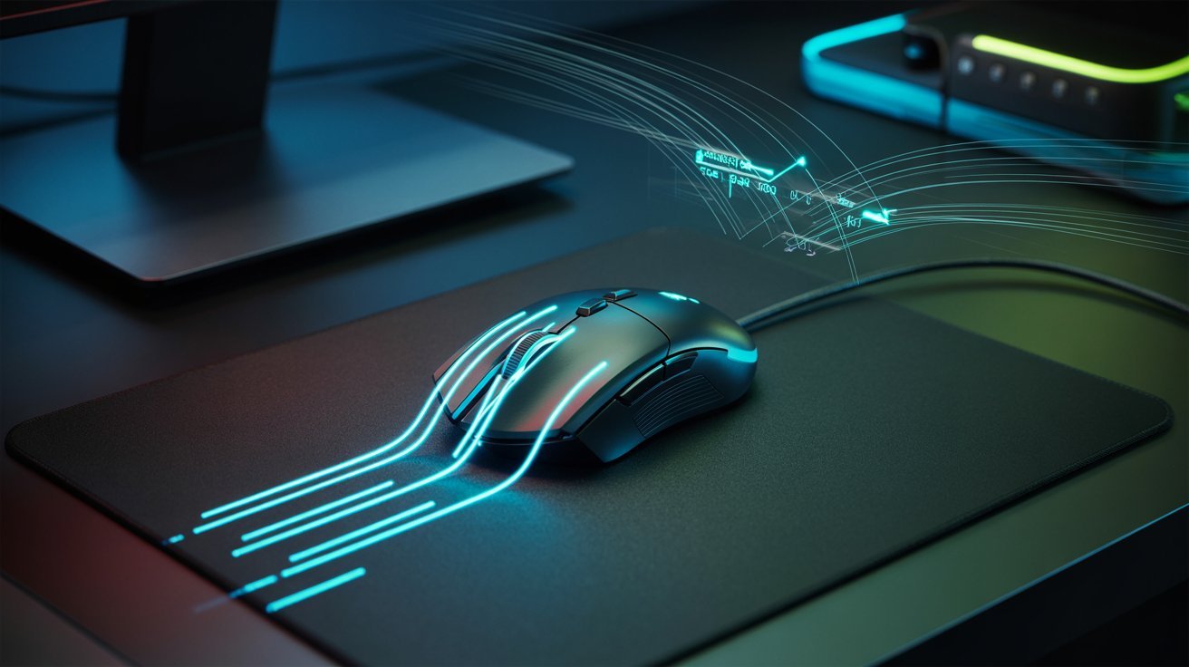 A sleek, black gaming mouse with glowing blue lines and futuristic data overlays on a dark mouse pad, suggesting speed and precision.