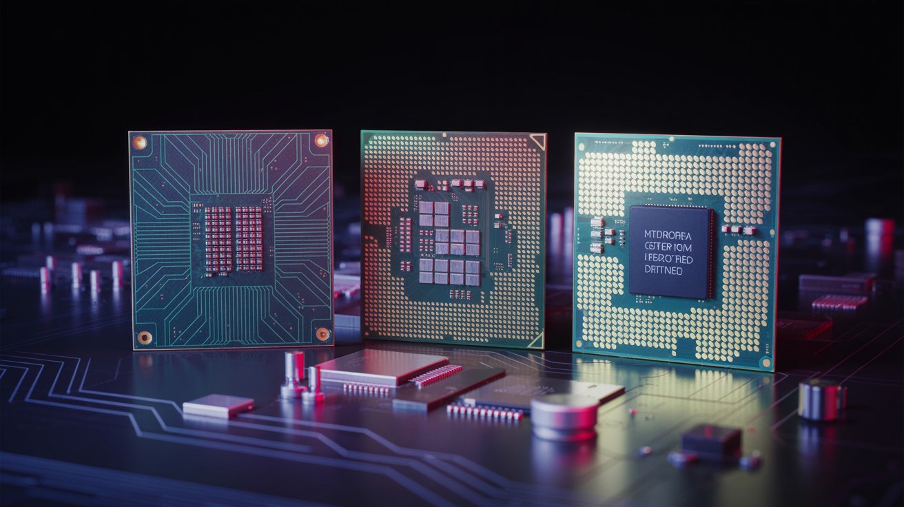 Three computer microchips stand upright on a circuit board. The scene is illuminated in blue and pink hues, conveying a futuristic, high-tech atmosphere.
