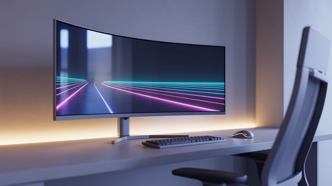 A sleek, curved computer monitor displays vibrant neon lines on a minimalist desk. It is accompanied by a keyboard and mouse, exuding a modern, futuristic vibe.