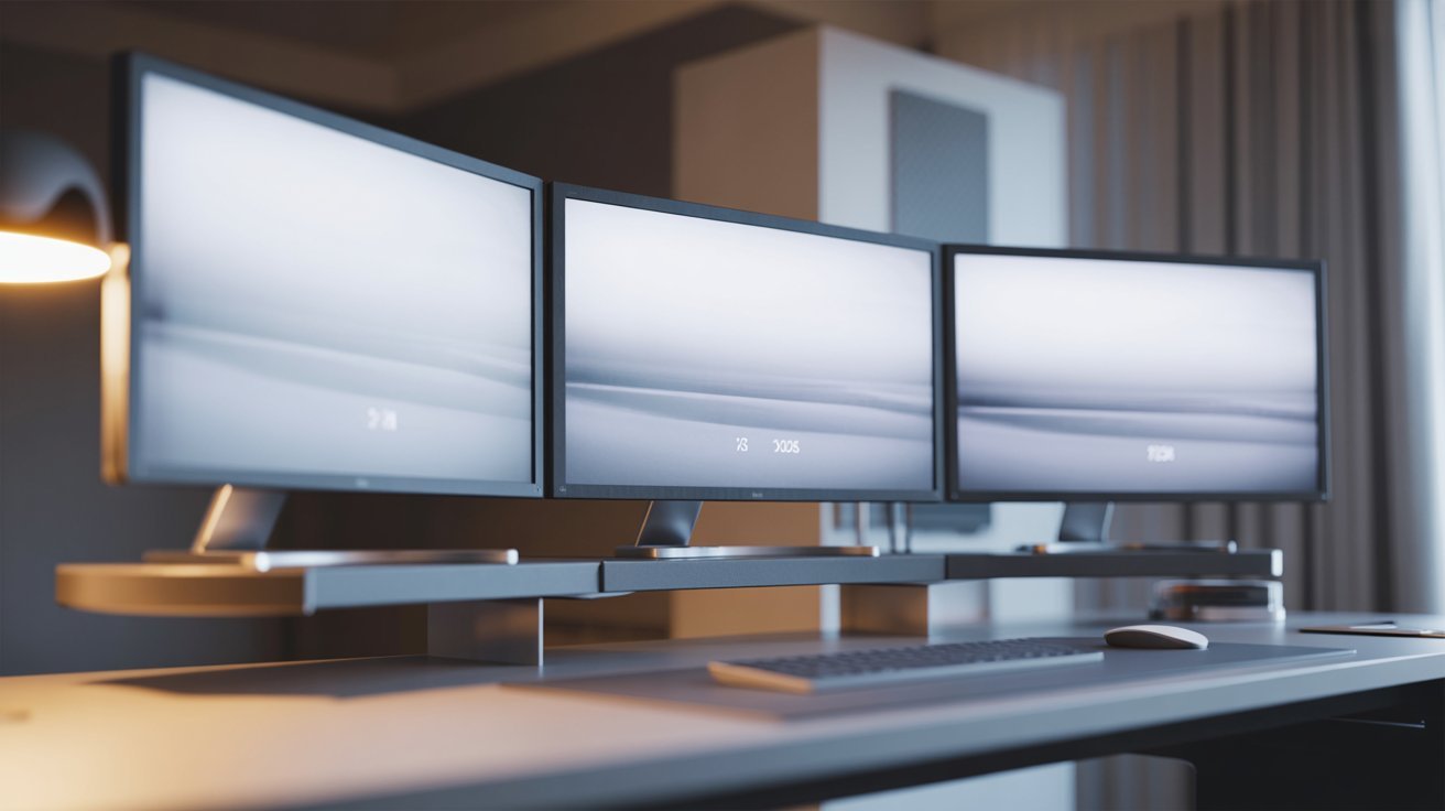Three sleek, modern monitors display minimalist screens on a desk, alongside a keyboard and mouse, conveying a clean, tech-savvy workspace.