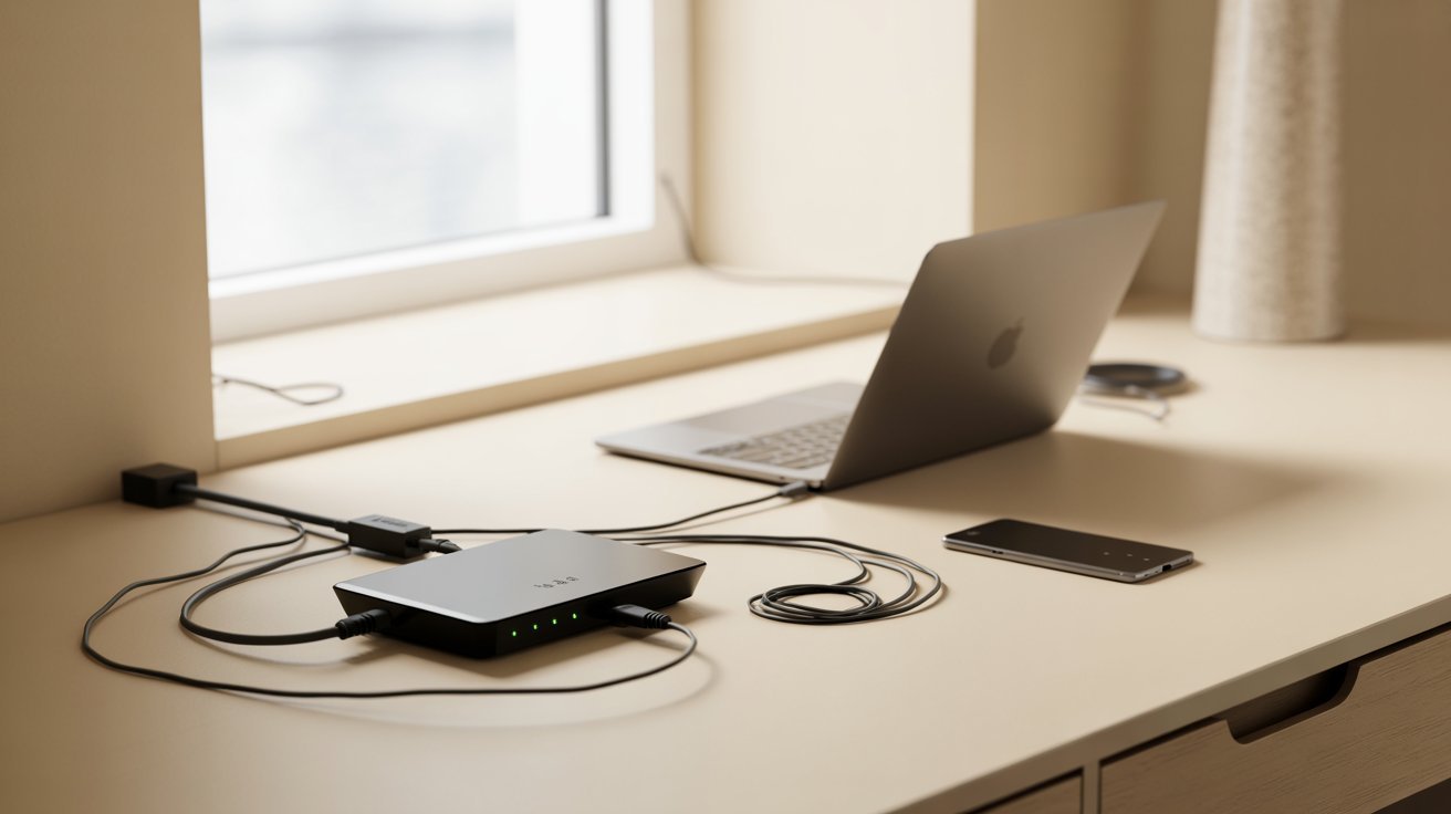 A sleek, modern desk setup with a laptop, smartphone, and a connected network device with cables. Sunlight filters through a window, creating a calm ambiance.