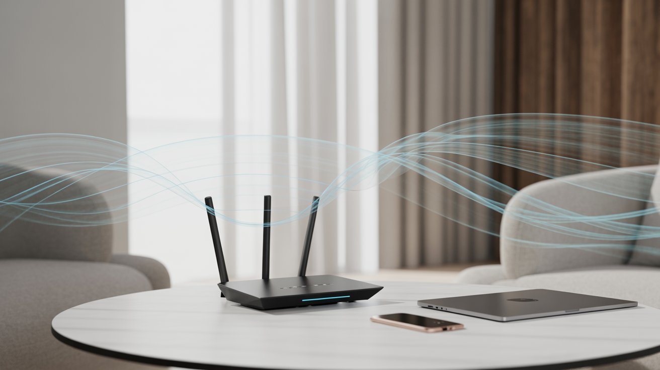 A Wi-Fi router with three antennas emits blue signal waves in a modern living room. A laptop and smartphone are on a round table, conveying connectivity.