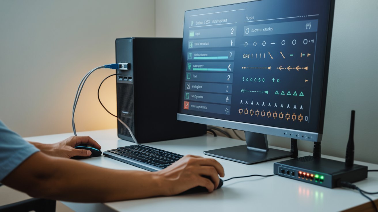 A person using a computer with a graphical interface on the monitor, surrounded by networking equipment, conveying a tech-focused environment.