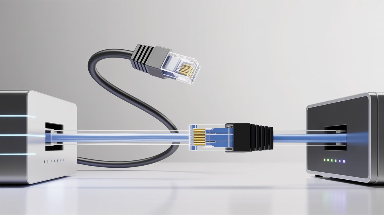 A black ethernet cable being plugged into a modern router, with glowing blue lines symbolizing data transfer. The scene is sleek, high-tech, and futuristic.