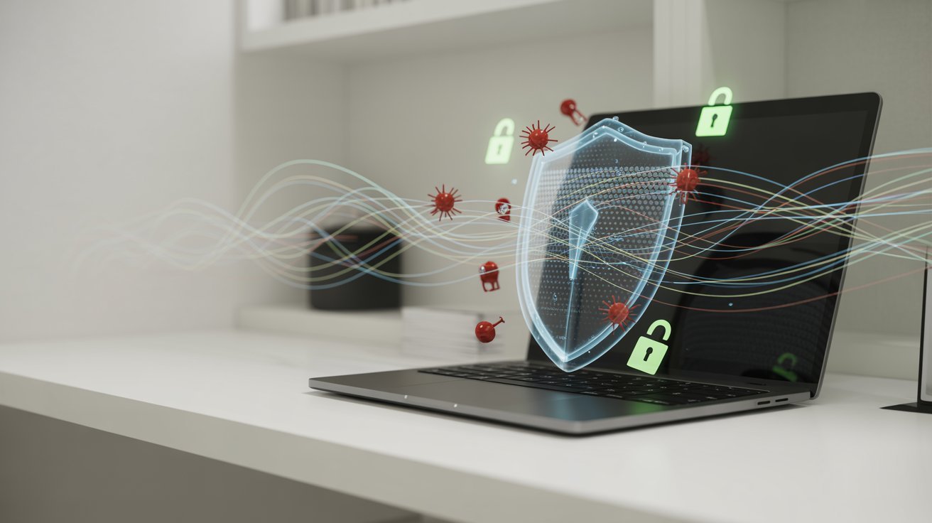 A laptop on a white desk with digital shield and lock icons, viruses nearby, symbolizing cybersecurity protection in a modern digital environment.