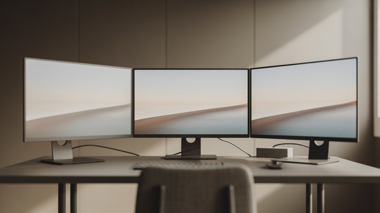 A minimalist workspace with three widescreen monitors displaying abstract landscapes sits on a sleek desk. Soft, natural light casts a calming ambiance.