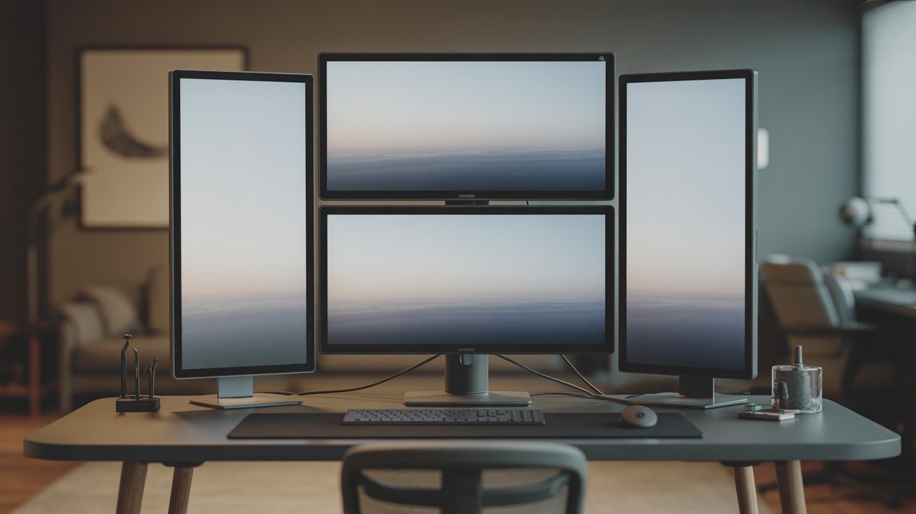 A modern office desk with four monitors displaying a serene sky view. The setup includes a keyboard and mouse, creating a calm, tech-focused workspace.