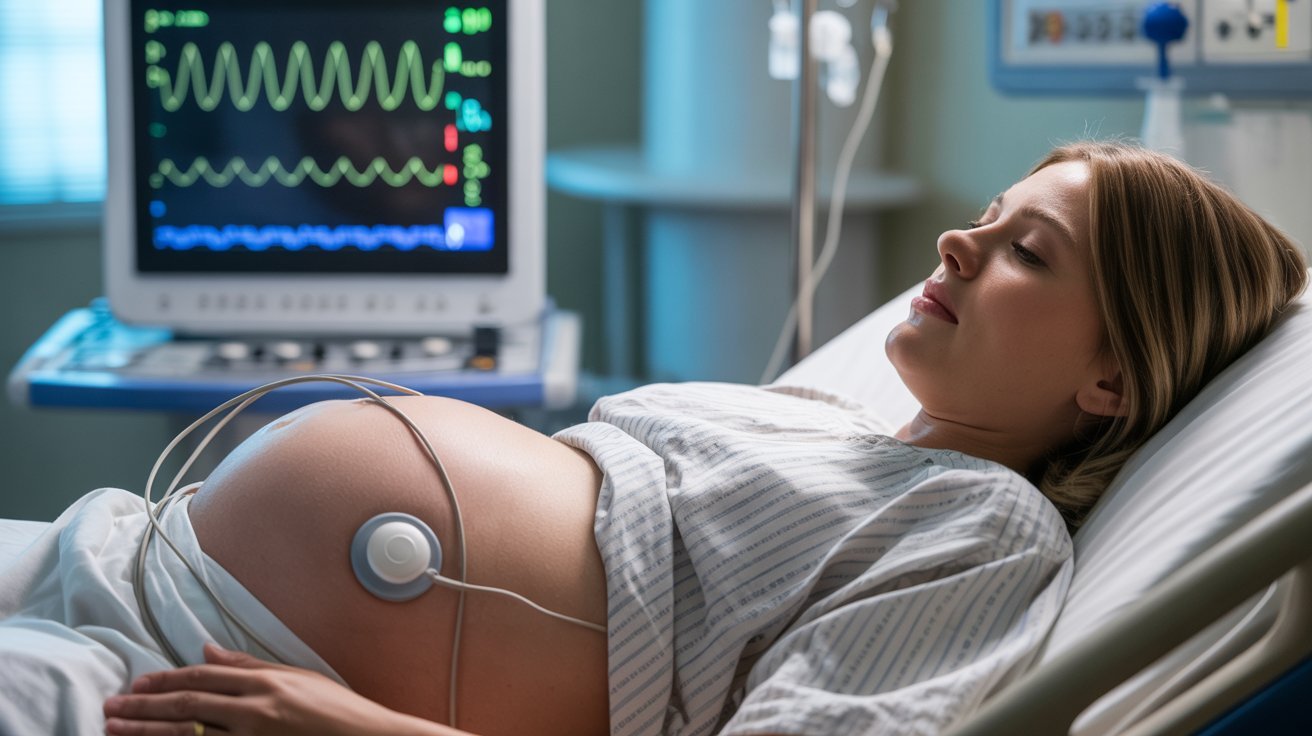 A pregnant woman lies in a hospital bed, with monitoring equipment attached to her belly. A heart rate monitor displays green lines. The atmosphere is calm and clinical.