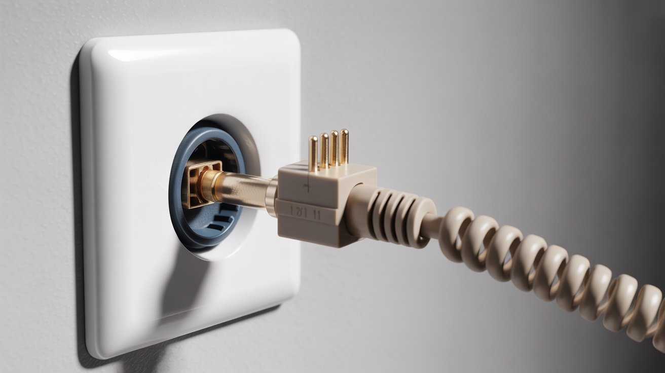 Close-up of a beige coiled phone cable plugged into a white wall socket. The connectors are visible, emphasizing retro technology in a modern setting.