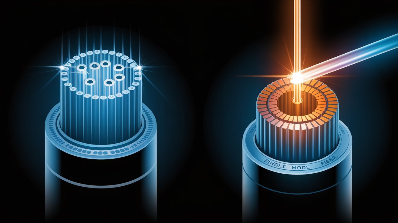 Illustration of two fiber optic cables. The left shows multiple beams of blue light, while the right shows a focused orange beam, marked "Single Mode Fiber."