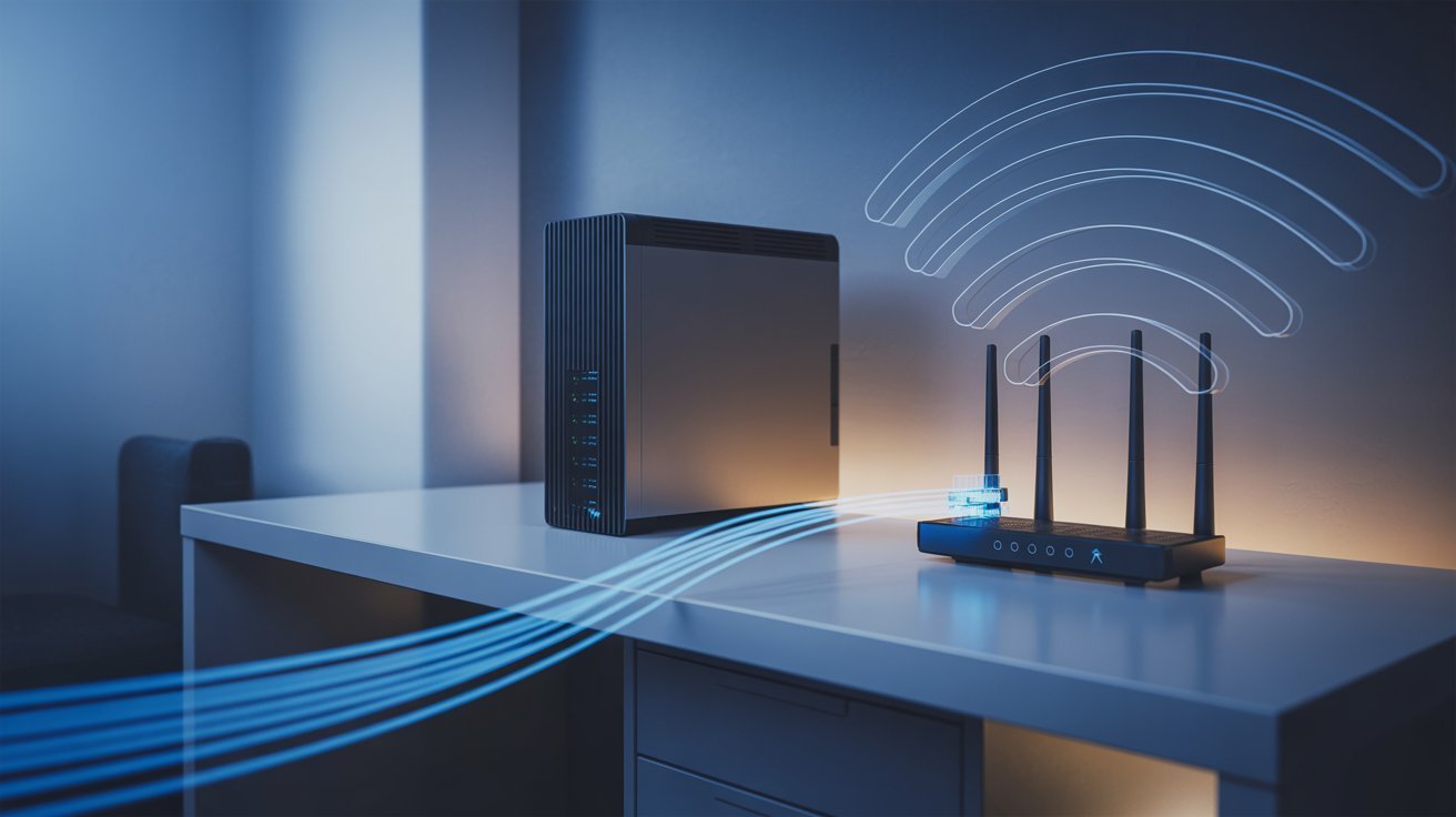 A sleek router on a desk emits glowing blue lines symbolizing Wi-Fi signals. A computer beside it reflects soft blue lighting, conveying a techy vibe.