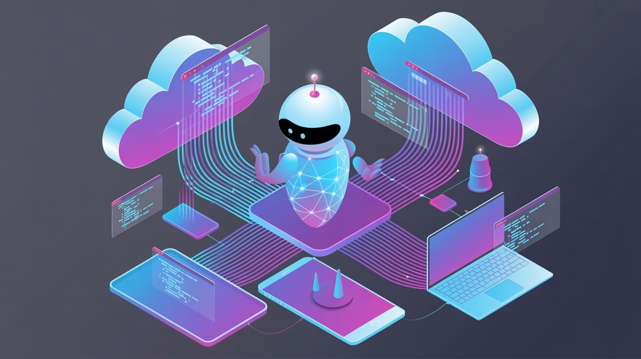 Futuristic robot connected to laptops and clouds via data streams on a dark background, symbolizing artificial intelligence and cloud computing.