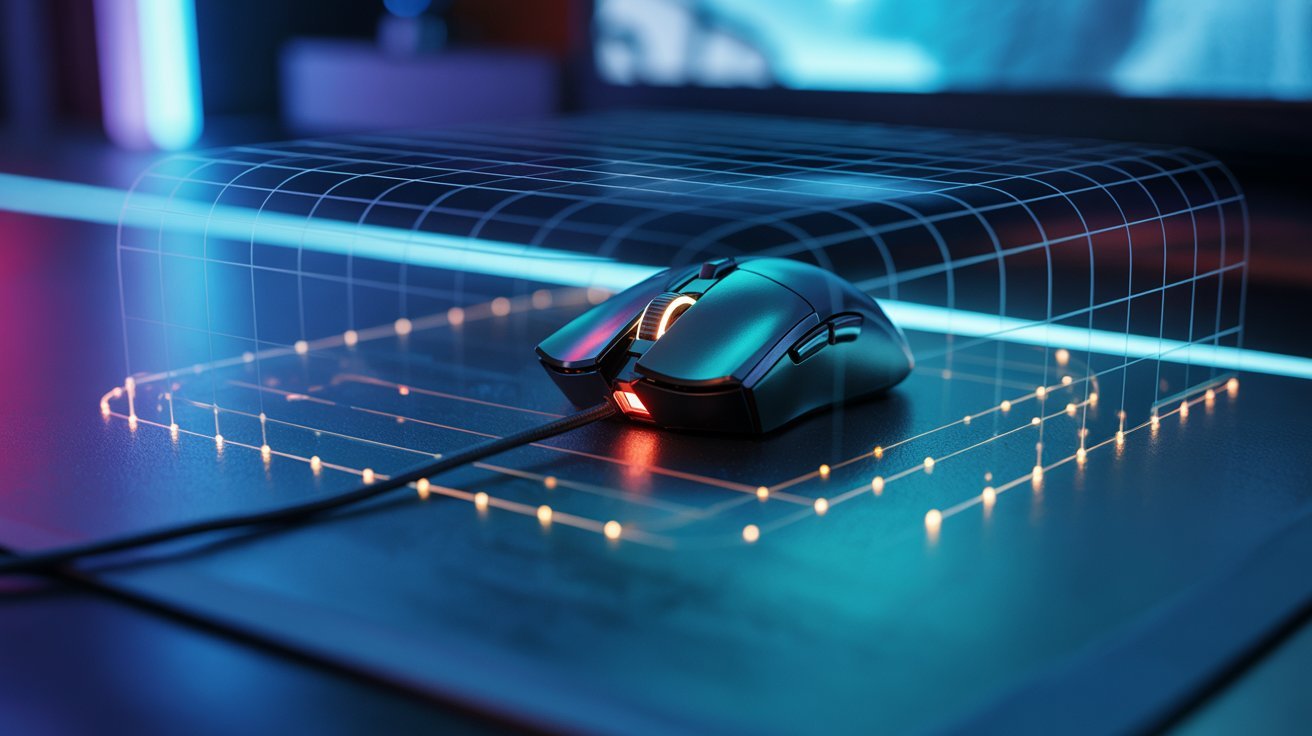 A sleek gaming mouse on a reflective surface with glowing grid patterns and neon lighting, creating a futuristic and high-tech atmosphere.