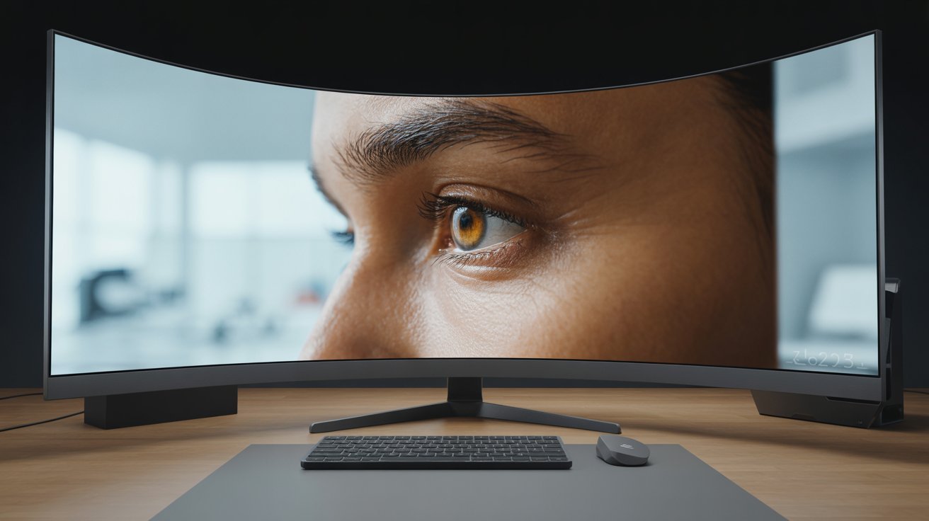 Curved monitor on a desk displaying a close-up of a person's eye, reflecting intense focus. A keyboard and mouse are placed in front, set in a modern workspace.