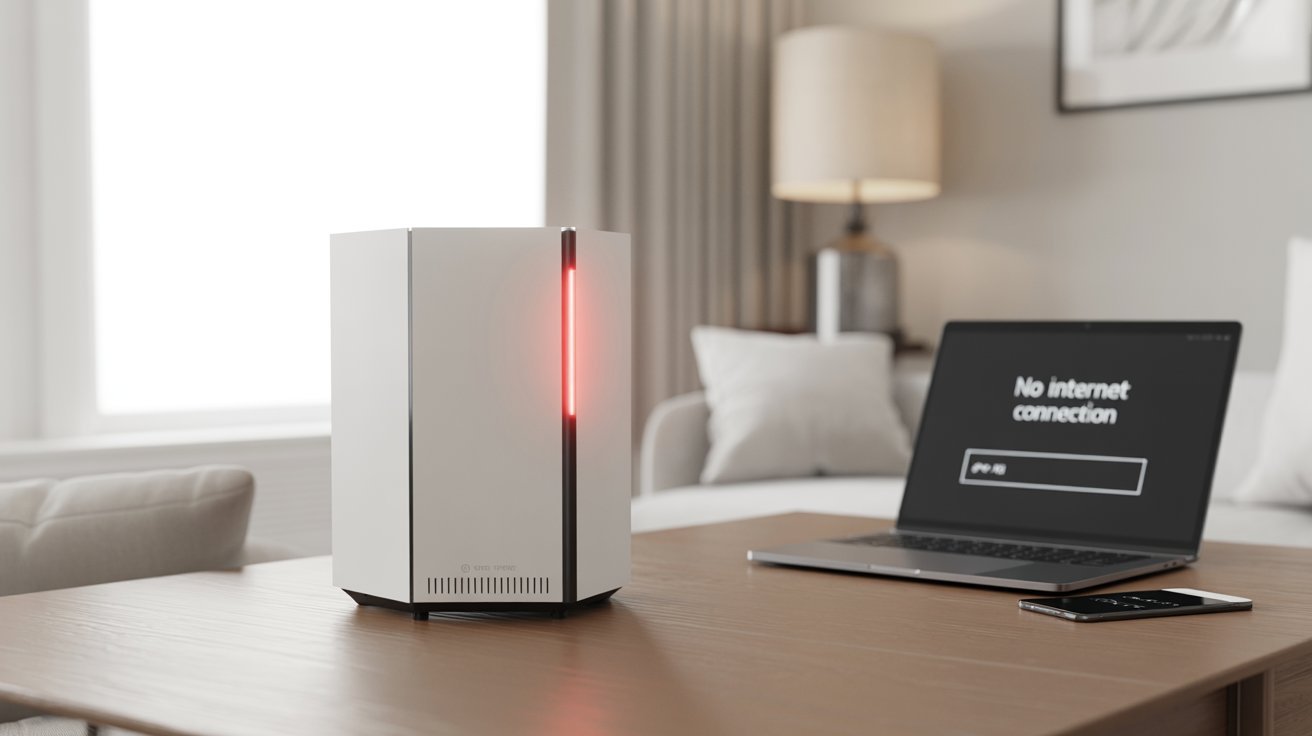 A sleek white router with a red light sits on a table. In the background, a laptop displays "No internet connection." The setting is a modern living room.