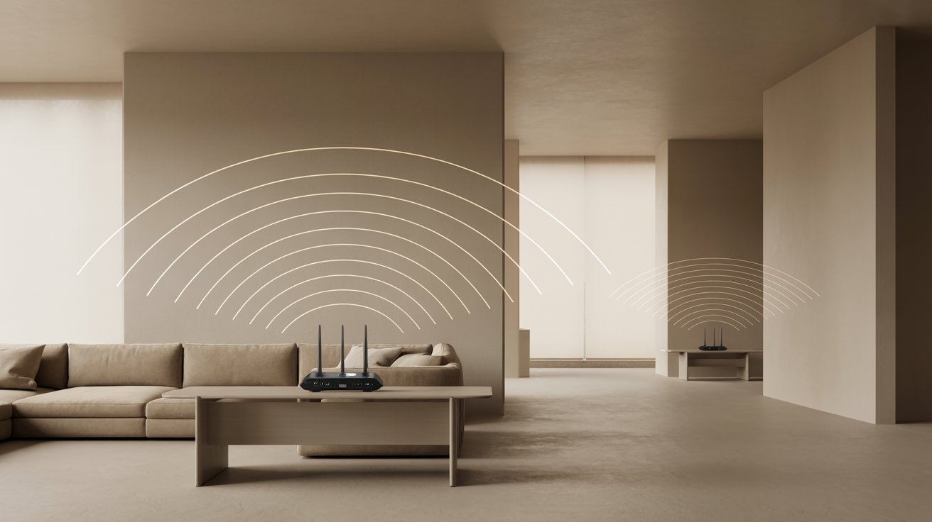 A minimalist living room with beige tones features a Wi-Fi router on the coffee table. Overlapping, semi-transparent arcs depict wireless signals.