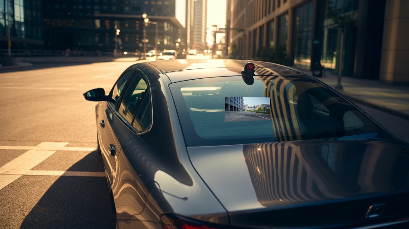 A sleek car drives through a sunlit city street. Reflections dance on its shiny surface. A screen shows a camera view, conveying modernity and innovation.