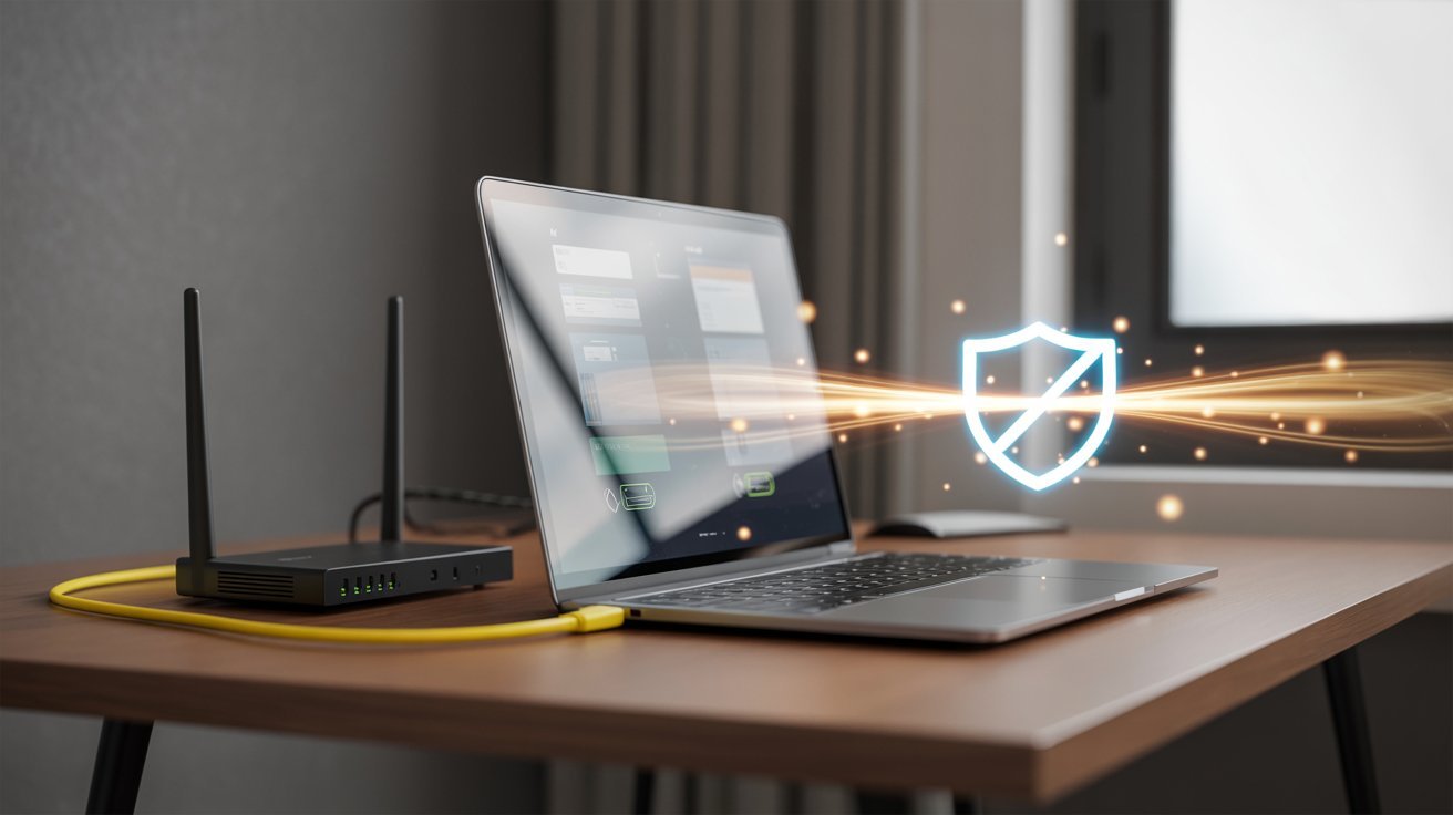 A laptop and router on a desk with a glowing shield icon symbolizing security. A yellow cable connects the devices, conveying a sense of protection.